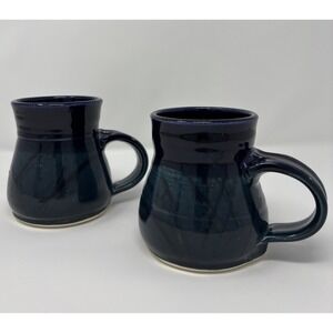 Vtg Studio Pottery Mugs Signed Pair 2001 Wide Base Art Y2K Cozy Holiday Gift